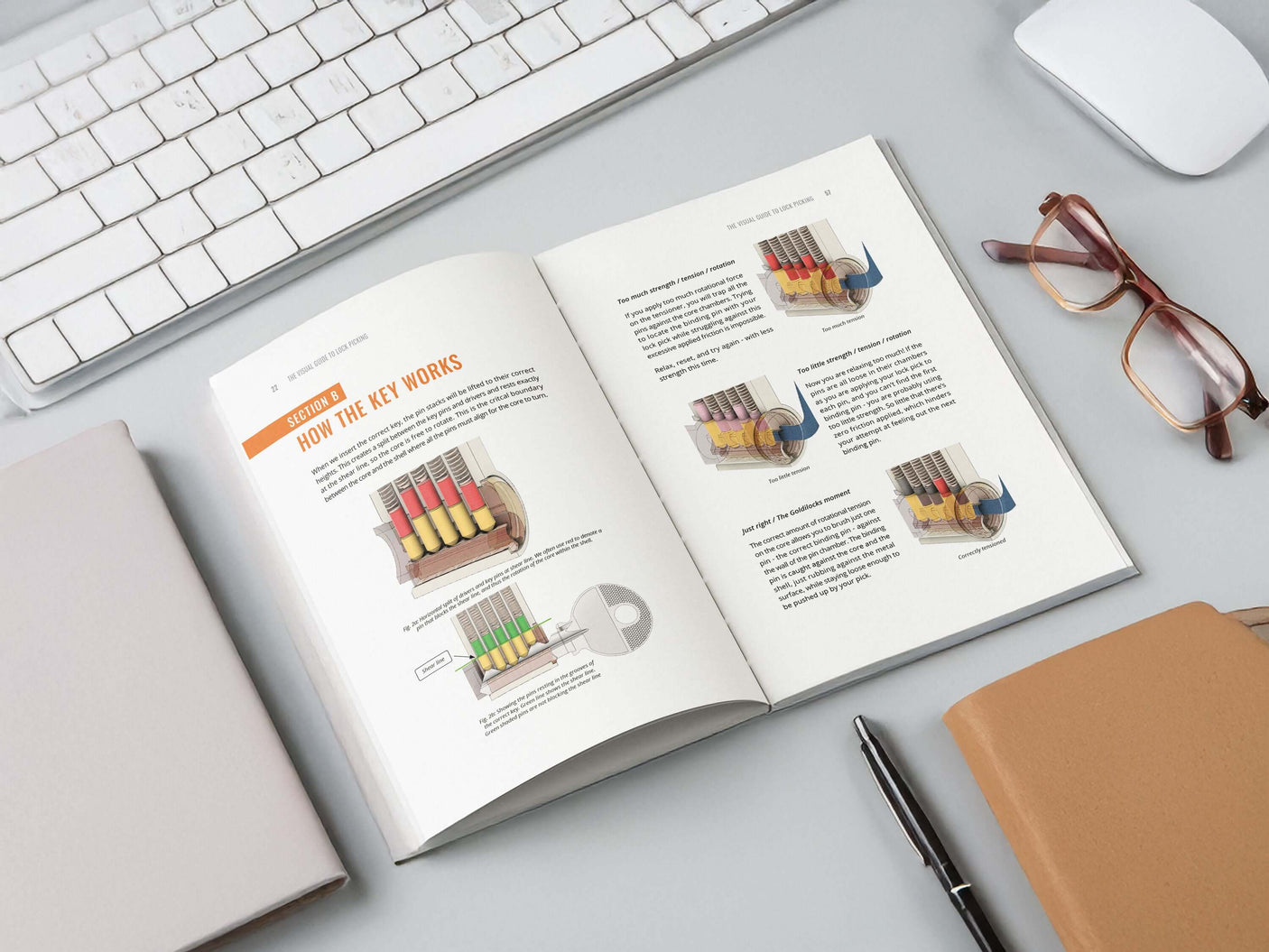 Lock picking illustrated guide showing how the key works with colorful diagrams on a desk with tools.