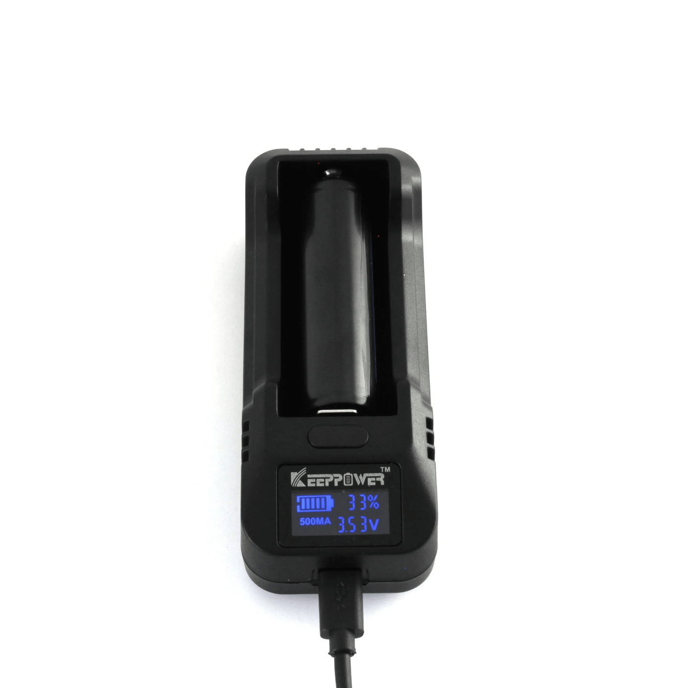 Machina Battery Charger with digital display on a white background