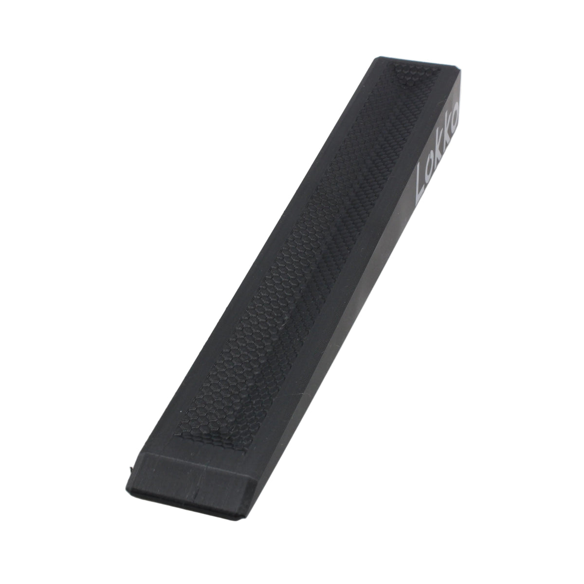 A black textured plastic wedge with a textured surface and a small white printed brand mark, shown on a plain white background.