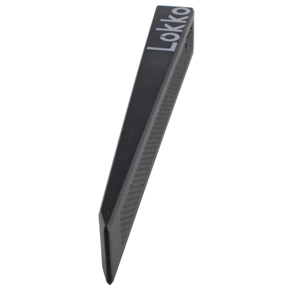 A black triangular wedge-shaped tool with a textured side and the brand name 'Lokko' printed in white near the top, shown on a plain white background.