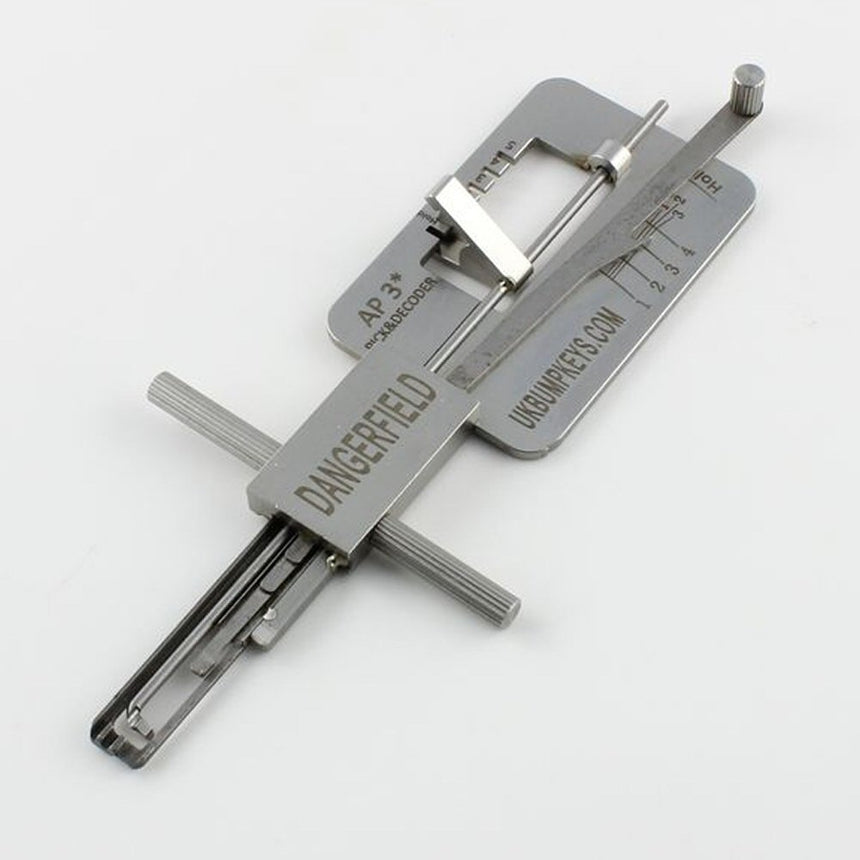 Metal APECS Lock Picking tool with engraved text on a white background
