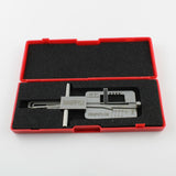 Metal Dangerfield APECS Lock Picking tool with engraved text, in a case, on a white background 