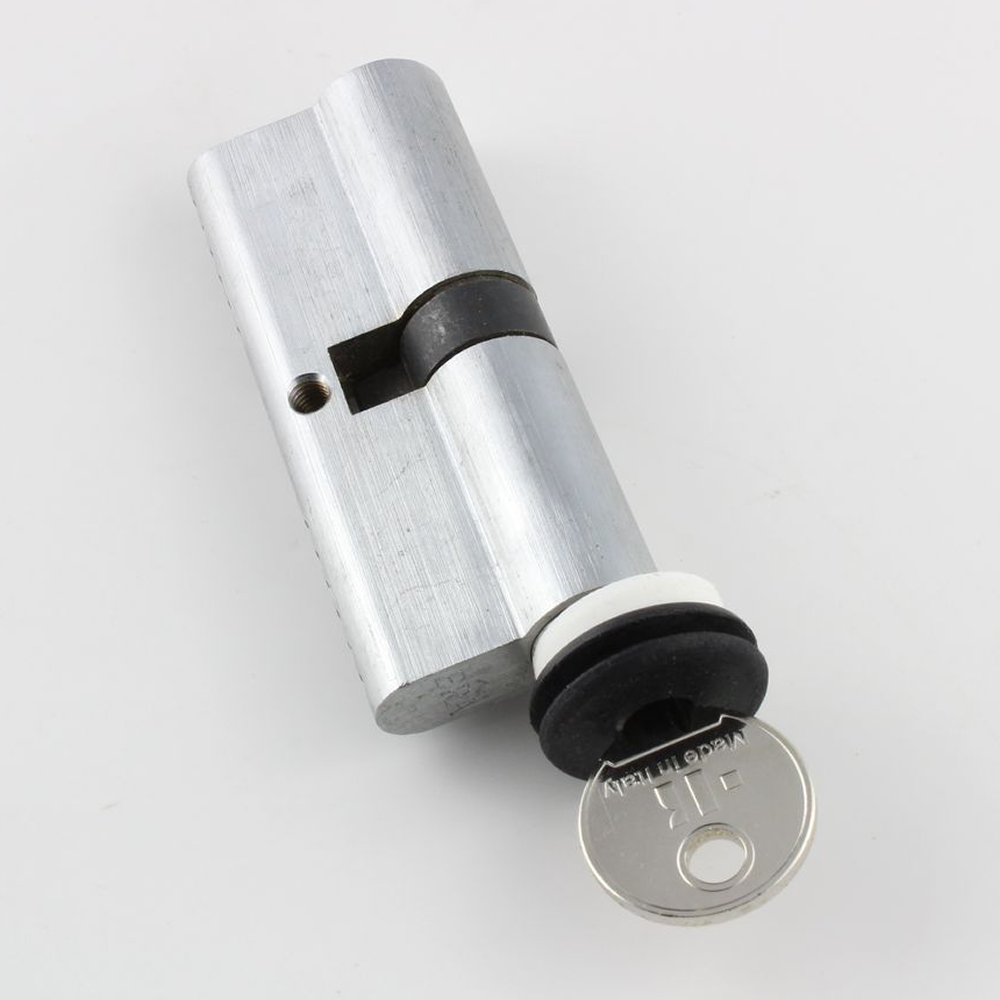 A lock with a key and two Dampeners in, on a white background