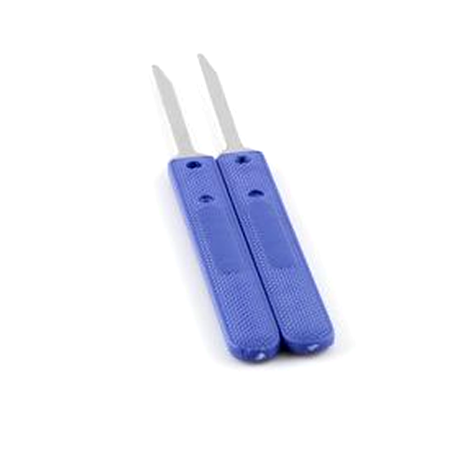 Two blue-handled knives with metal blades on a white background