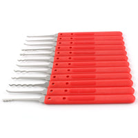 Lock picking kit featuring a set of red and silver lock picks arranged in a row for beginners and practice.