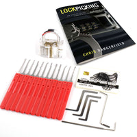 Lock picking kit including lock picks, practice lock, instructional book, and tools for beginners.