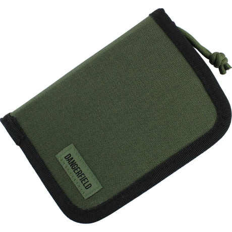 Dangerfield Viper lock pick case closed, olive green fabric with black binding, woven Dangerfield label and a green paracord zip pull