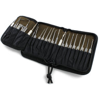 Dangerfield Jackal lock pick case open flat and loaded, picks in the narrow pockets and tensioners in the wider ones