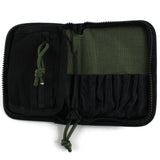 Dangerfield Viper lock pick case open flat and empty, zipped flat pocket on the left and olive panel with individual tool pockets on the right