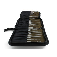 Dangerfield Jackal lock pick case loaded with a full row of picks, seen from above with the slot fabric folded back