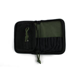 Dangerfield Viper lock pick case open flat, showing the zipped full-height pocket on the left and the olive panel with individual tool pockets on the right
