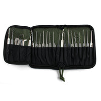 Dangerfield Viper lock pick case open flat and loaded, a row of picks in the narrow slots and tensioners in the wider slots