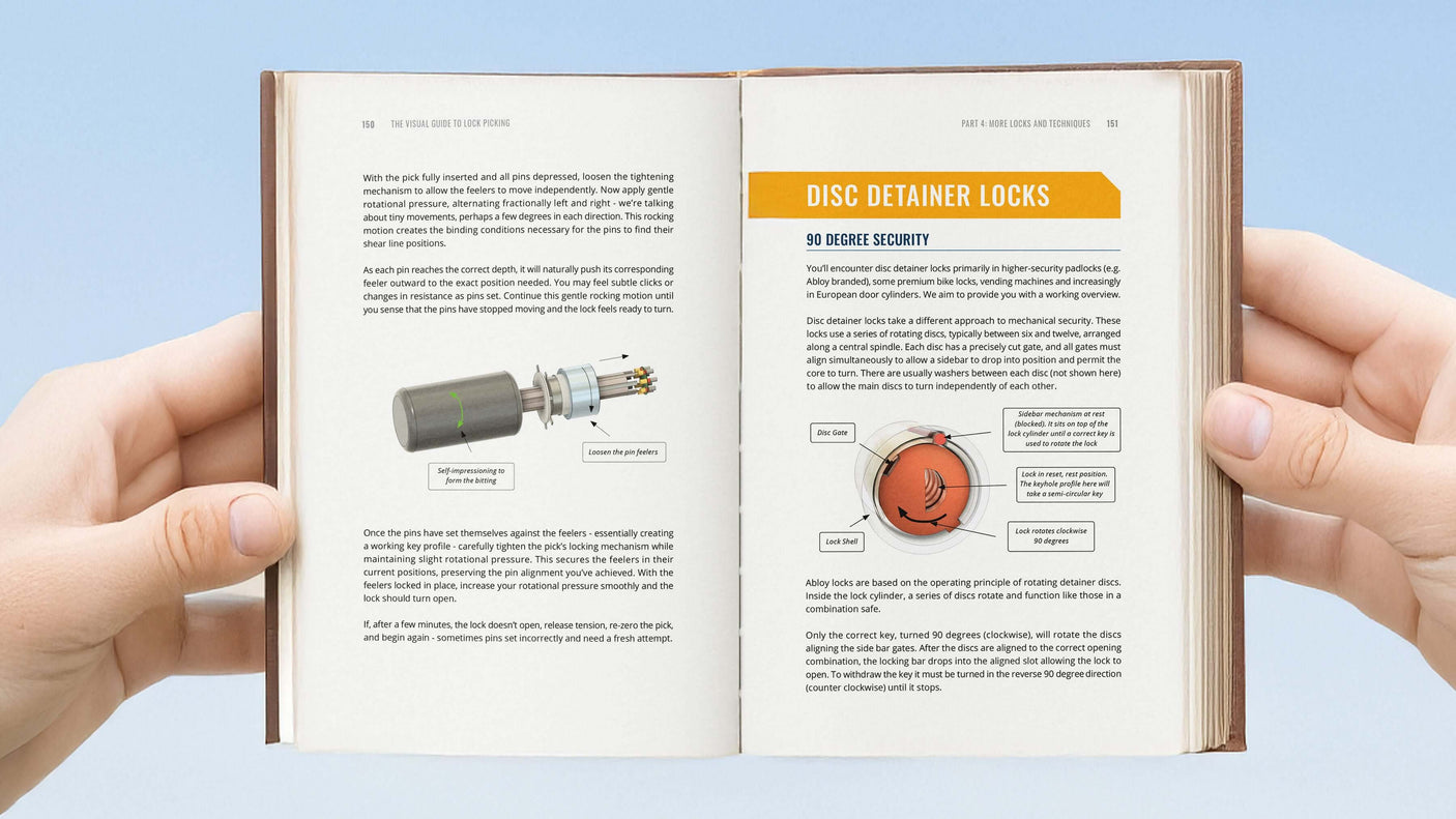 Lock picking illustrated guide showing a diagram of disc detainer locks and their components.