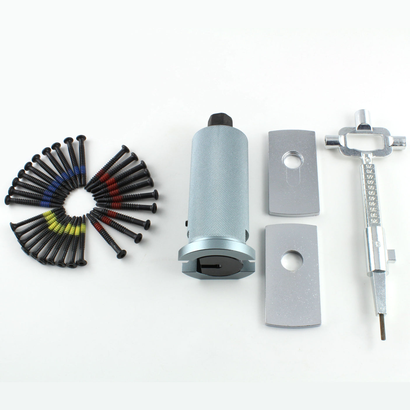 Lokko bell plug puller complete set with bell body, protection plates, pull screws and cam turner laid out