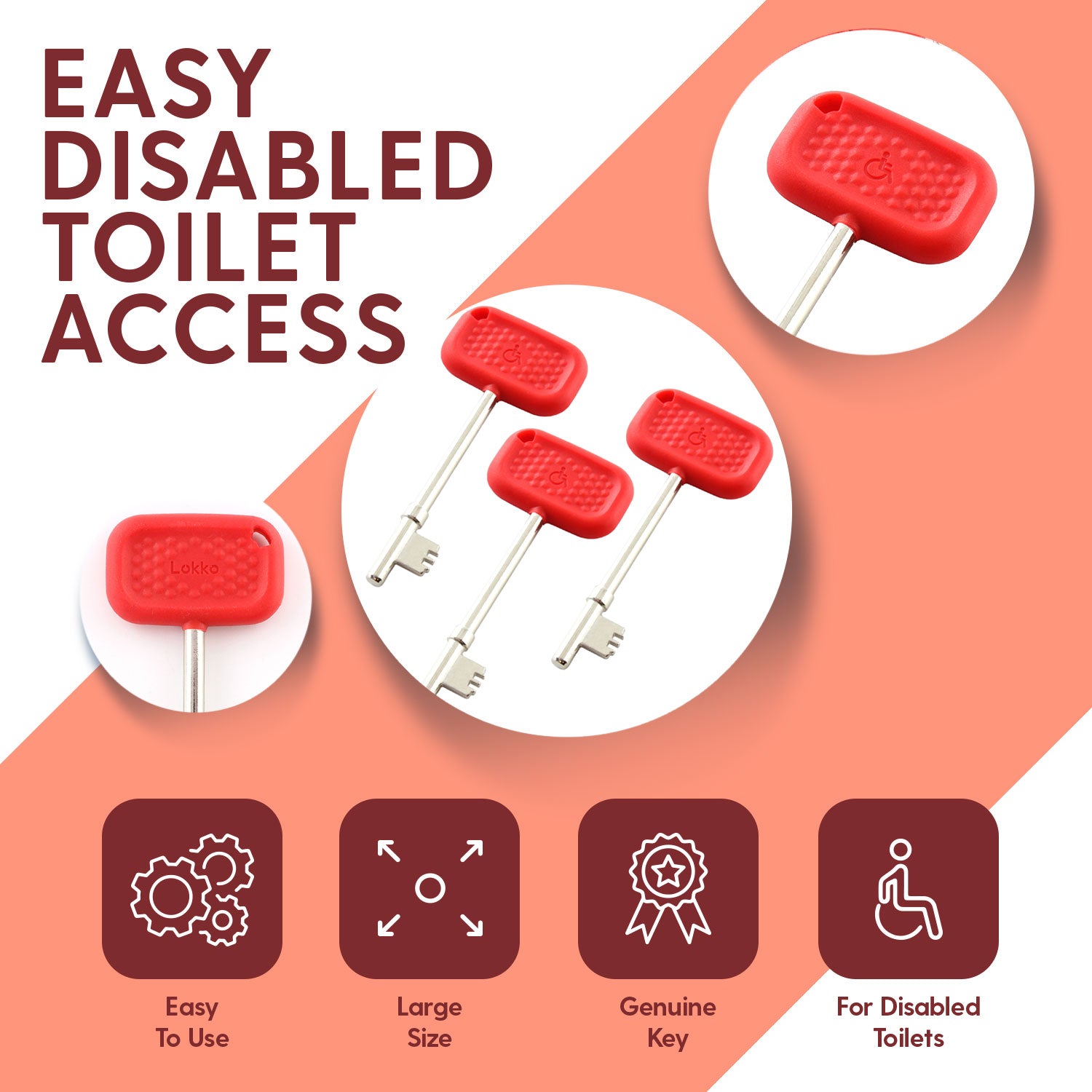 3x Disabled Toilet Key for Radar Doors Comfortable Grips by LOKKO