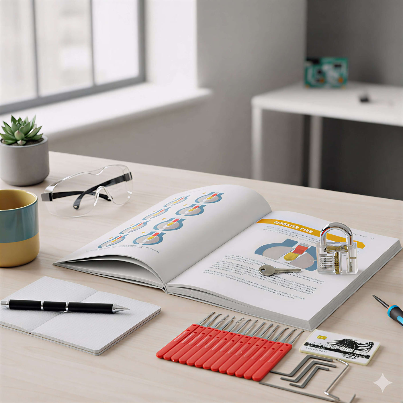Lock picking tools and instructional book laying on a table, featuring illustrations and a padlock.