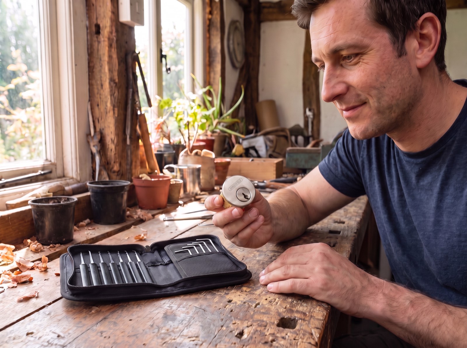 A man at a sunlit workbench holding a Dangerfield practice lock, with an open pick wallet of black-handled picks and tension wrenches beside him