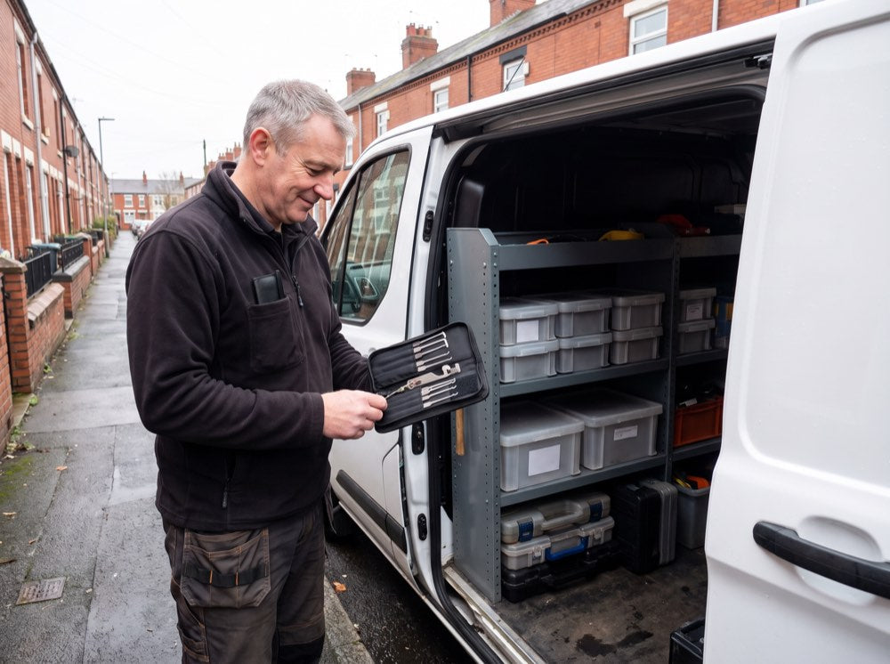 A locksmith standing at the open side door of his van, checking the picks in a zip case before the next job